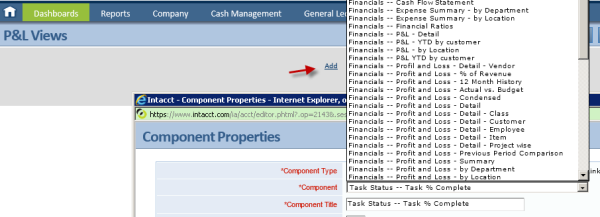 Intacct Dashboard: Adding New Report to Dashboard