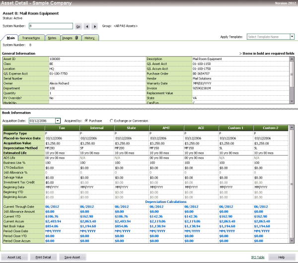 Sage Asset Detail Report