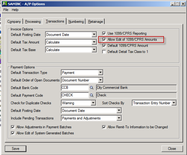 Allow Edit of 1099/CPRS Amts