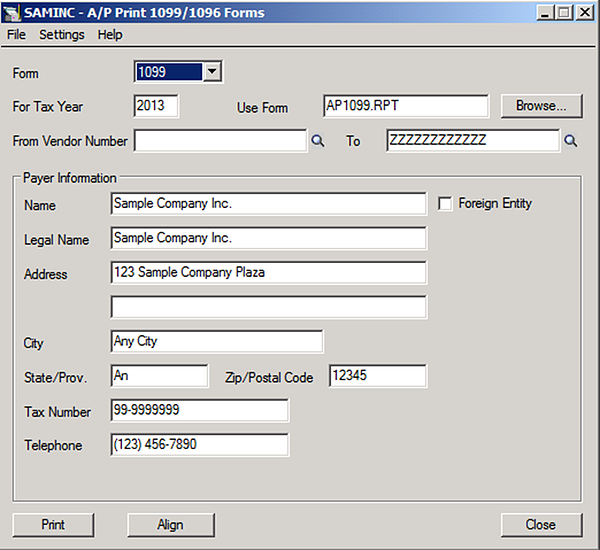 Printing 1099/1096 Transmittal Forms