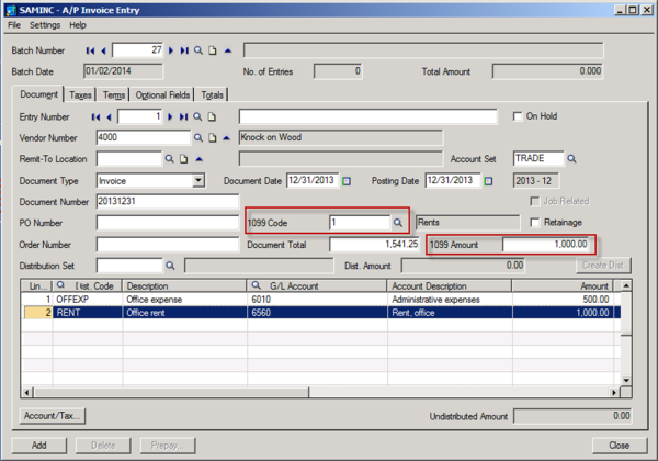 1099 Code on A/P Invoice Entry