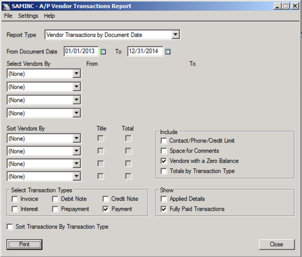 A/P Vendor Transactions Report