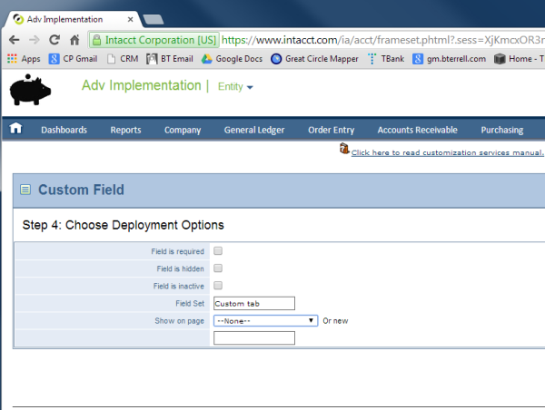 Intacct Custom Tabs/Field Set