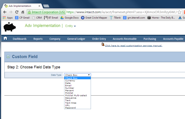 Intacct Custom Fields: Data Types