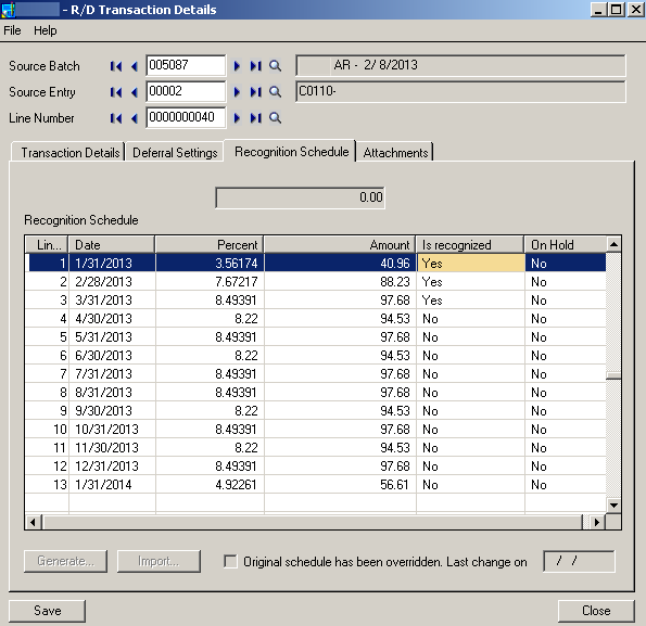 Revenue & Expense Deferral module by Systronics - recognition schedule